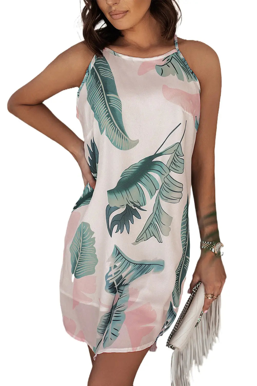 Palm tree leaf print ivory sleeveless dress - floral dresses