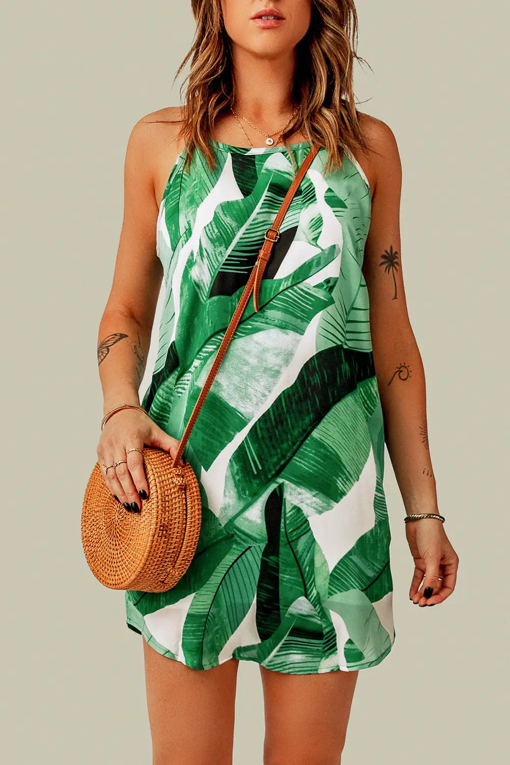 Palm tree leaf print ivory sleeveless dress - green / 2xl / 95% polyester + 5% spandex - floral dresses