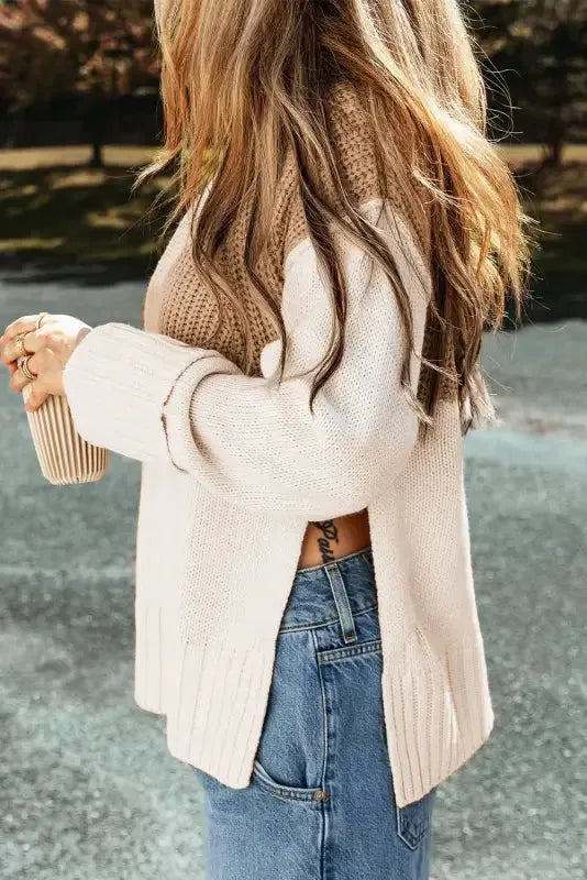 Parchment Cable Knit Color Block Side Splits High Neck Sweater - Fashionfitz