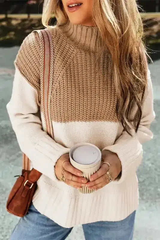 Parchment cable knit colourblock high neck sweater with side splits front view — Fashionfitz UK