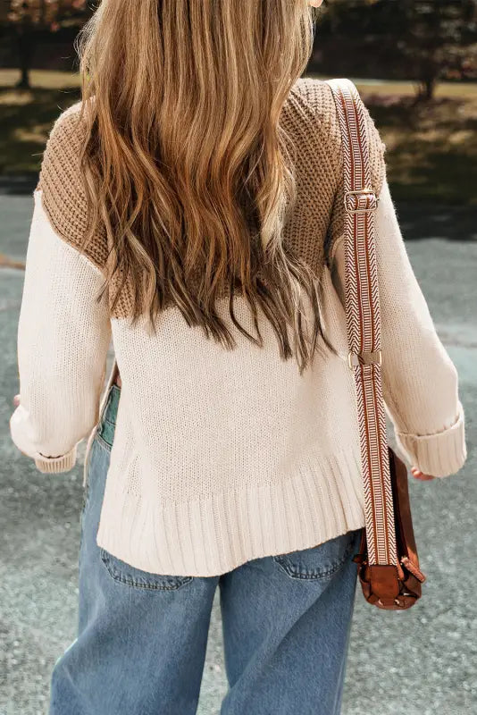 Parchment cable knit color block side splits high neck sweater - sweaters & cardigans