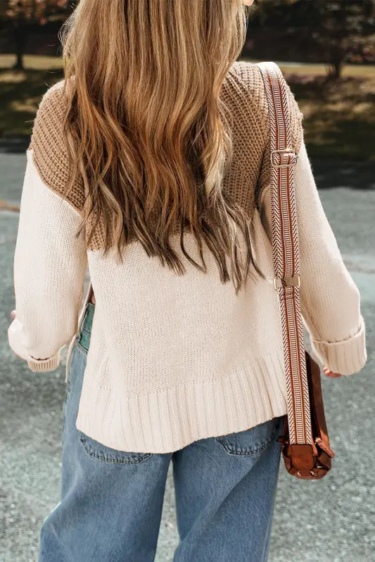 Parchment cable knit color block side splits high neck sweater - sweaters & cardigans