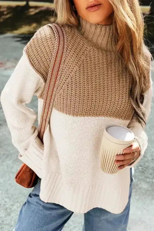 Parchment Cable Knit Color Block Side Splits High Neck Sweater - Fashionfitz