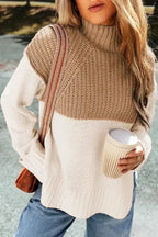 Parchment Cable Knit Color Block Side Splits High Neck Sweater - Fashionfitz