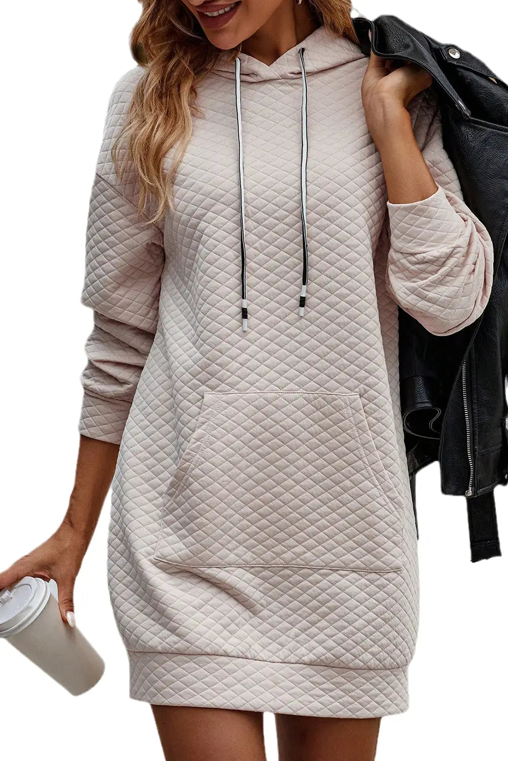 Parchment drawstring kangaroo pocket quilted hooded dress - mini dresses