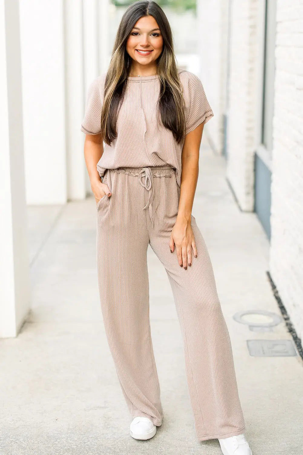 Parchment exposed seam ribbed tee and pants two-piece outfit - loungewear