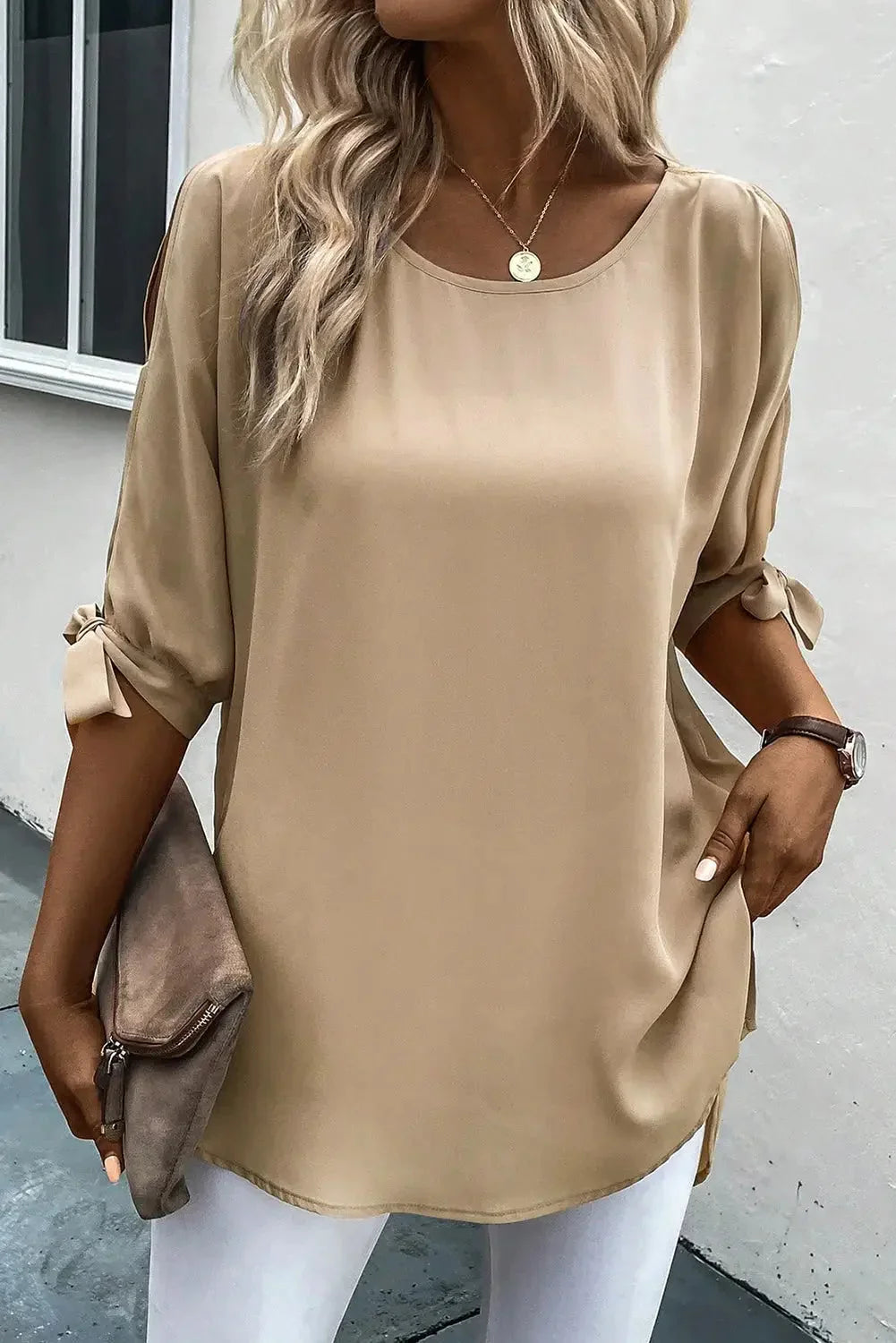 Parchment knotted slits half sleeve tunic blouse - l / 100% polyester - blouses & shirts