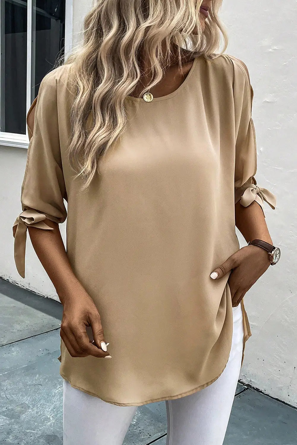 Parchment knotted slits half sleeve tunic blouse - blouses & shirts