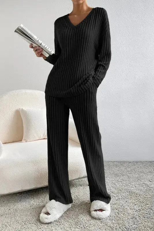 Parchment Plus Size Ribbed V Neck Pullover and Pants Set - Fashionfitz