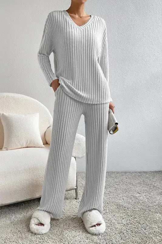Parchment Plus Size Ribbed V Neck Pullover and Pants Set - Fashionfitz