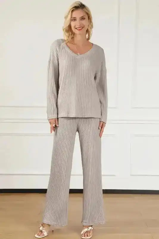 Light gray plus size ribbed V-neck pullover and pants set with wide-leg silhouette, perfect for comfortable home lounging.