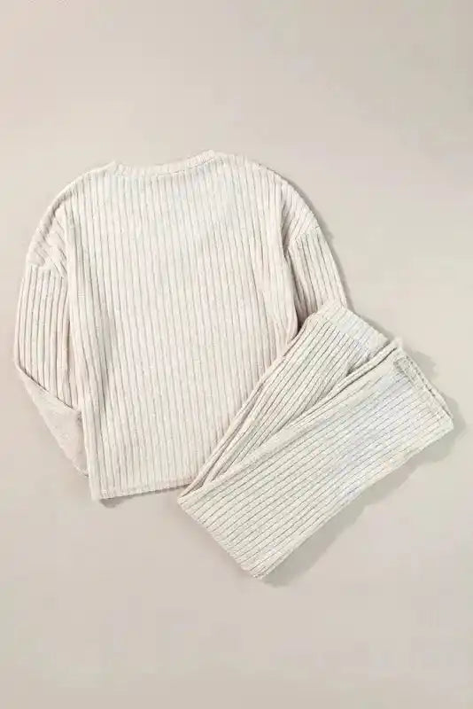 Back view of Ribbed V-Neck Set - Plus Size Pullover Pants featuring soft ribbed texture and relaxed fit for everyday comfort.