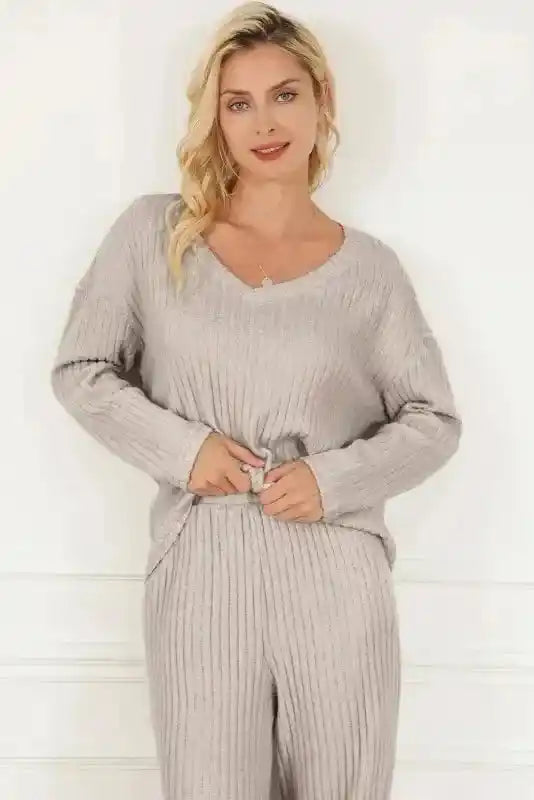 Close-up of light gray ribbed V-neck pullover pants set in plus size, highlighting soft stretch fabric and casual fit.