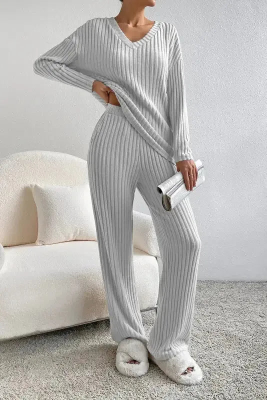 Parchment Plus Size Ribbed V Neck Pullover and Pants Set - Fashionfitz