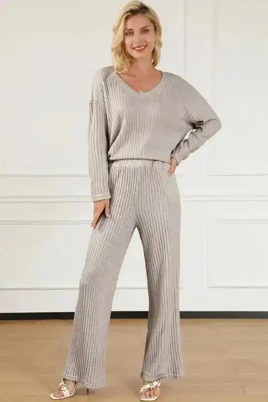 Front-facing view of light gray ribbed V-neck pullover pants set in plus size, styled with wide-leg pants and soft texture.