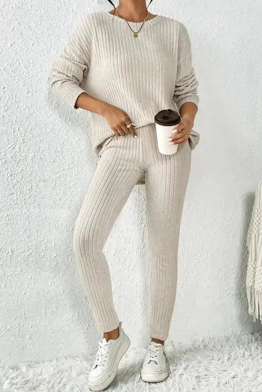Parchment Plus Size Ribbed V Neck Pullover and Pants Set - Fashionfitz