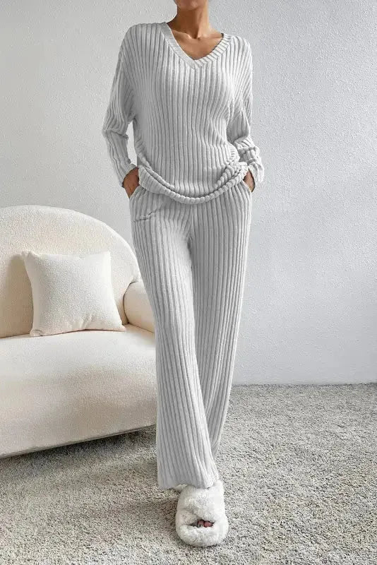 Parchment Plus Size Ribbed V Neck Pullover and Pants Set - Fashionfitz