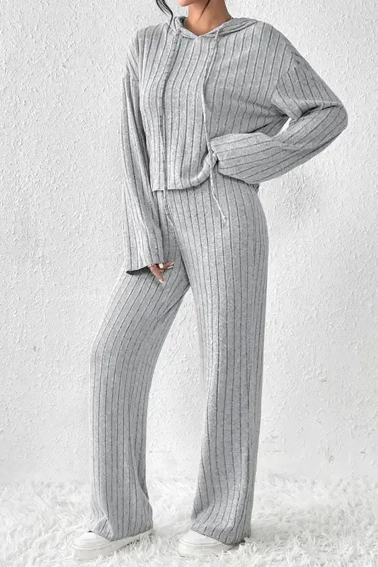 Parchment Plus Size Ribbed V Neck Pullover and Pants Set - Fashionfitz