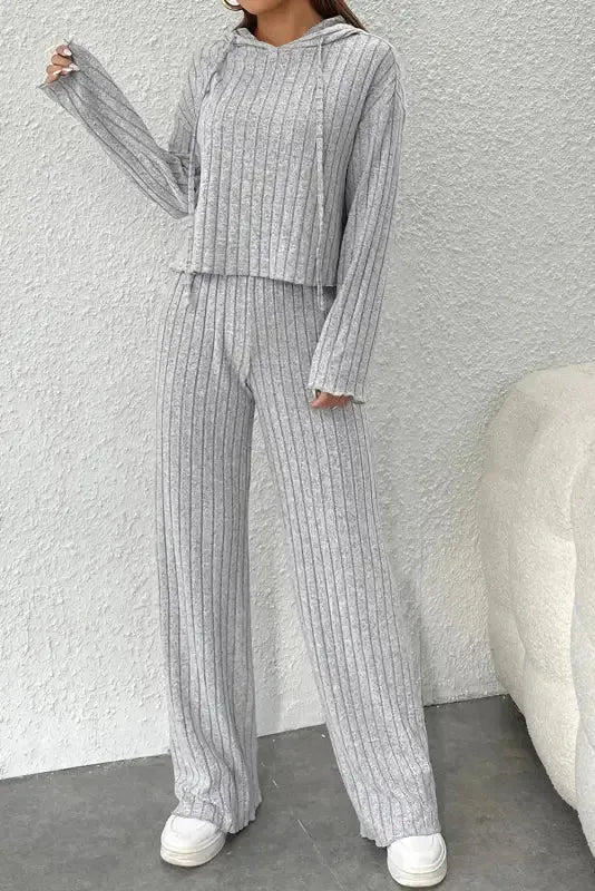 Parchment Plus Size Ribbed V Neck Pullover and Pants Set - Fashionfitz