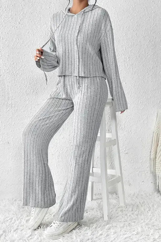 Parchment Plus Size Ribbed V Neck Pullover and Pants Set - Fashionfitz