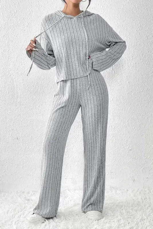 Parchment Plus Size Ribbed V Neck Pullover and Pants Set - Fashionfitz