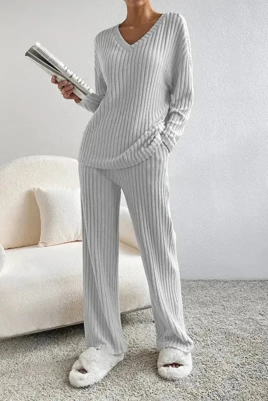 Parchment Plus Size Ribbed V Neck Pullover and Pants Set - Fashionfitz