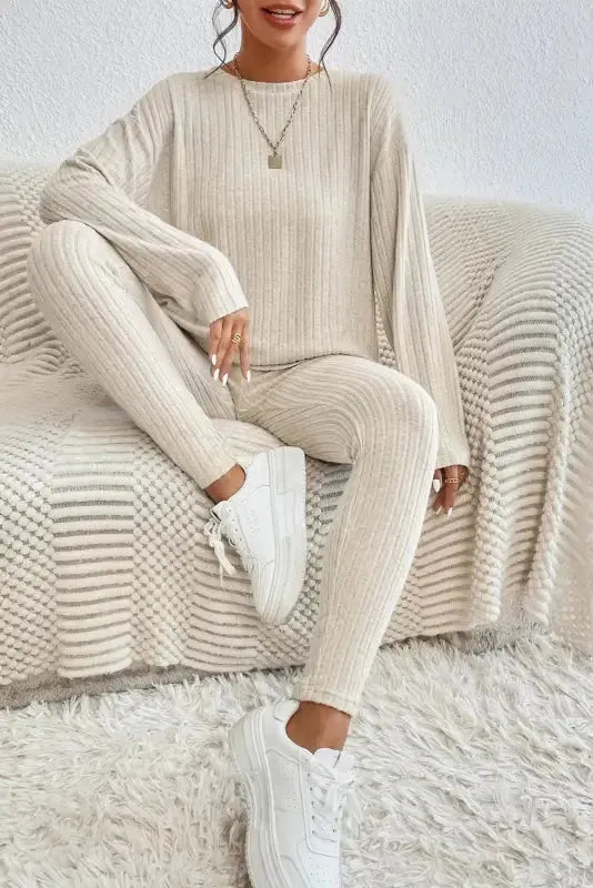Parchment Plus Size Ribbed V Neck Pullover and Pants Set - Fashionfitz