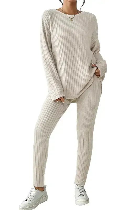 Parchment Plus Size Ribbed V Neck Pullover and Pants Set - Fashionfitz