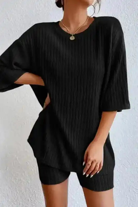 Black ribbed plus size pullover and shorts set with short sleeves, perfect for casual and home lounging.