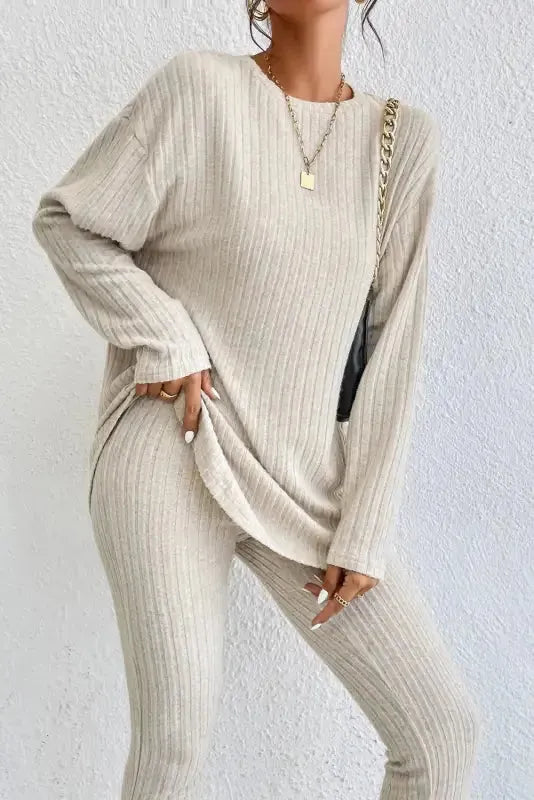 Parchment Plus Size Ribbed V Neck Pullover and Pants Set - Fashionfitz