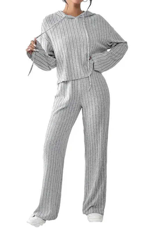 Parchment Plus Size Ribbed V Neck Pullover and Pants Set - Fashionfitz