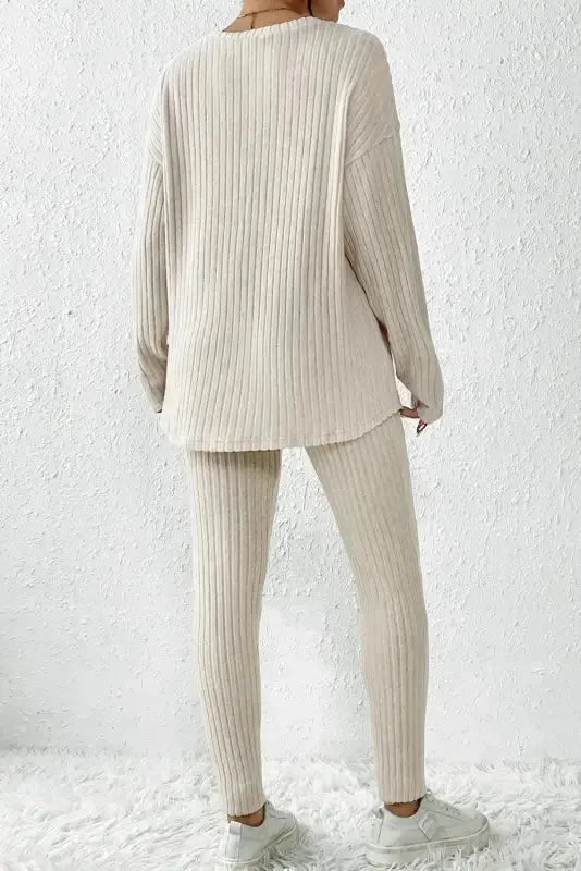 Parchment Plus Size Ribbed V Neck Pullover and Pants Set - Fashionfitz