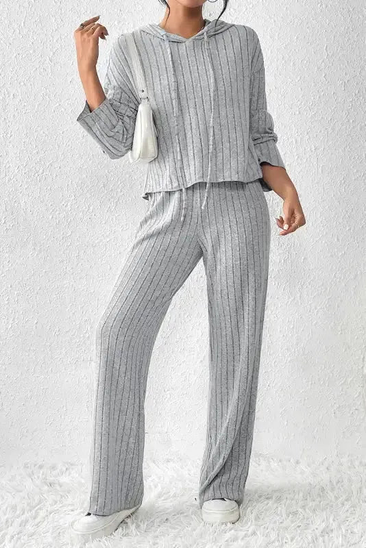 Parchment Plus Size Ribbed V Neck Pullover and Pants Set - Fashionfitz