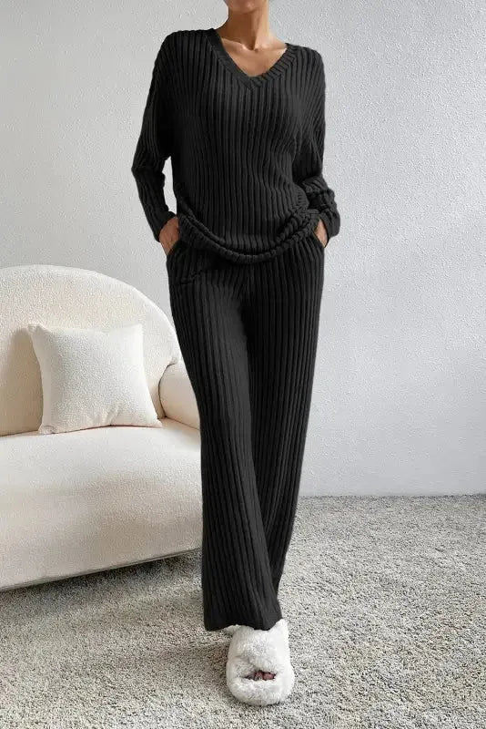 Parchment Plus Size Ribbed V Neck Pullover and Pants Set - Fashionfitz