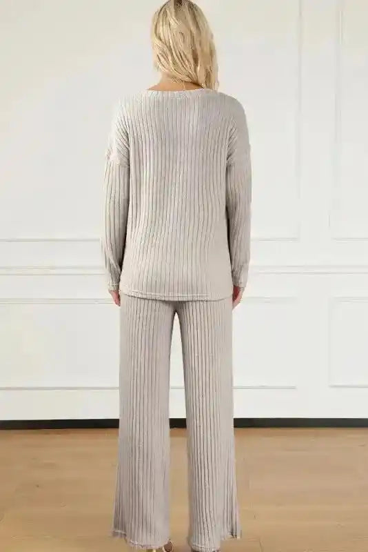Back view of light gray plus size ribbed pullover pants set with wide-leg design, ideal for cozy and stylish home wear.