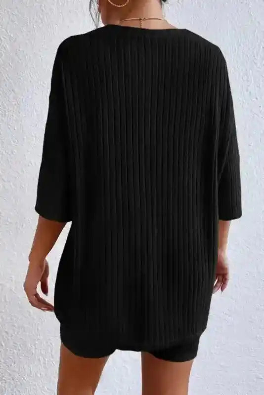 Back view of black ribbed knit plus size lounge set with relaxed fit and soft texture for daily comfort.