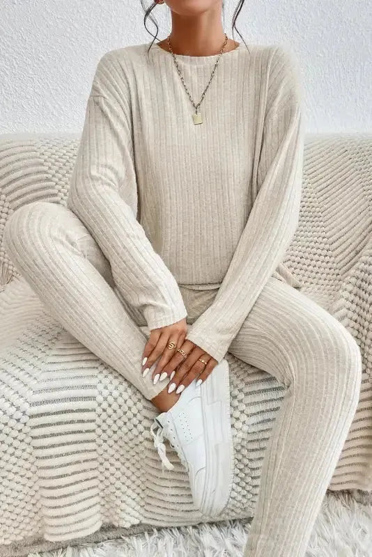 Parchment Plus Size Ribbed V Neck Pullover and Pants Set - Fashionfitz