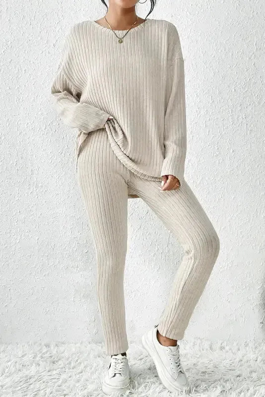 Parchment Plus Size Ribbed V Neck Pullover and Pants Set - Fashionfitz