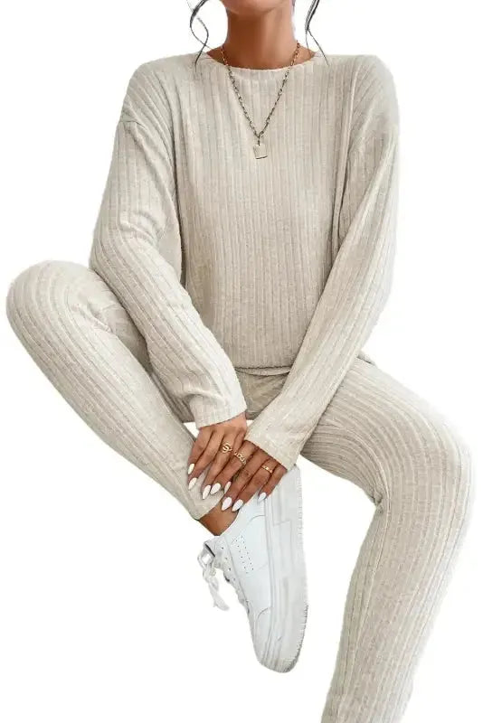Parchment Plus Size Ribbed V Neck Pullover and Pants Set - Fashionfitz