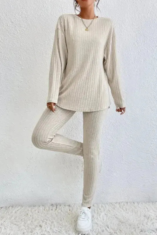 Parchment Plus Size Ribbed V Neck Pullover and Pants Set - Fashionfitz