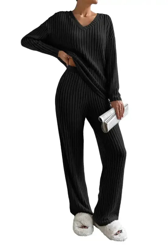 Parchment Plus Size Ribbed V Neck Pullover and Pants Set - Fashionfitz