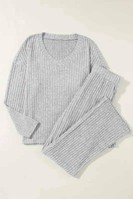 Parchment Plus Size Ribbed V Neck Pullover and Pants Set - Fashionfitz