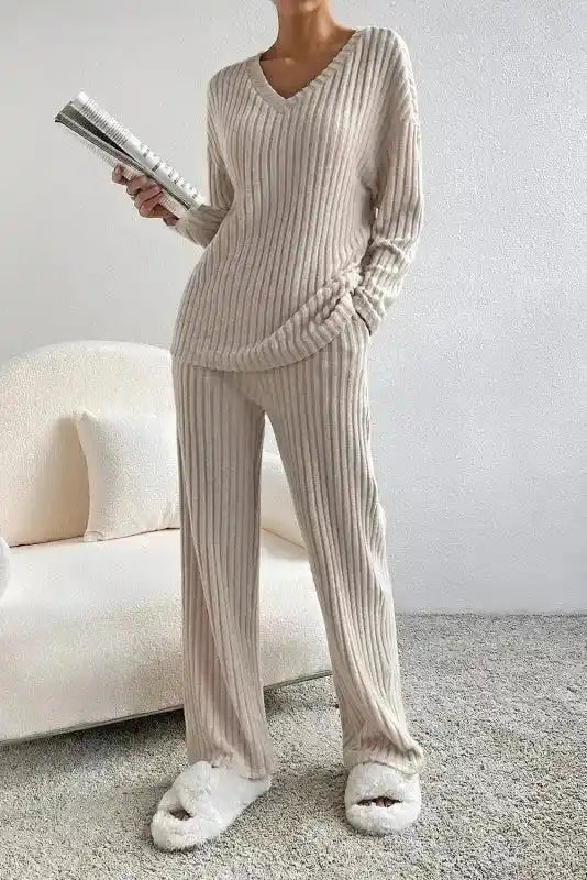 Beige ribbed V-neck pullover pants set in plus size, styled with wide-leg pants and soft fabric for relaxed home or casual wear.