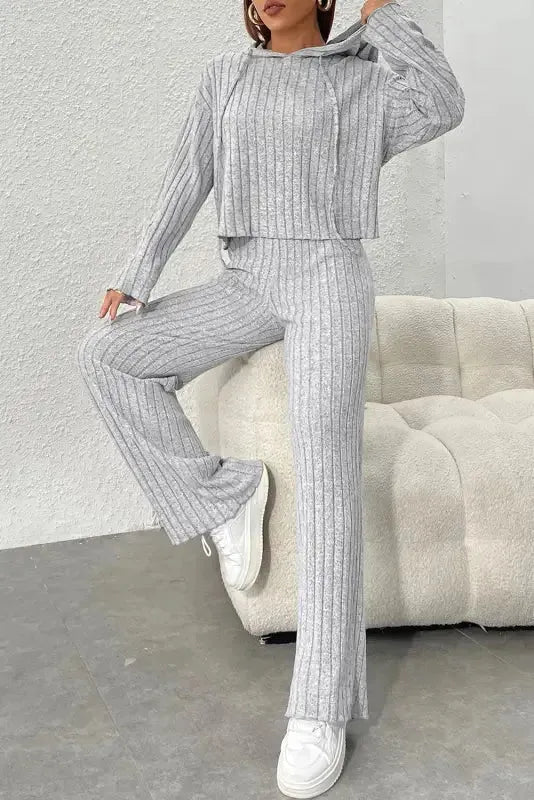 Parchment Plus Size Ribbed V Neck Pullover and Pants Set - Fashionfitz