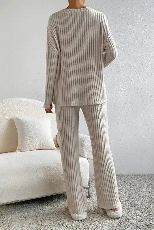 Back view of beige plus size ribbed pullover pants set with wide-leg silhouette and soft texture, ideal for home and casual wear.