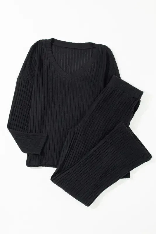 Parchment Plus Size Ribbed V Neck Pullover and Pants Set - Fashionfitz