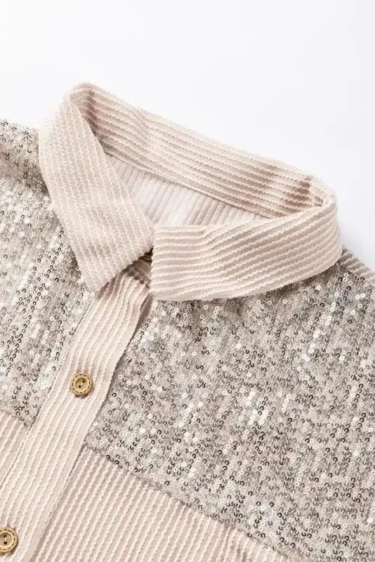 Full-length view of Sequin Patch Corded Overshirt in parchment showing cord texture and statement shacket fit — Fashionfitz