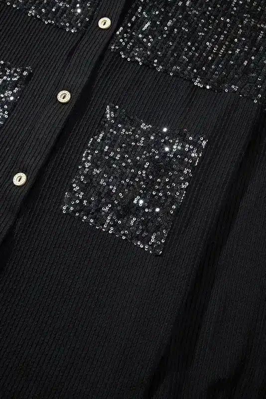 Parchment Sequin Patch Chest Pocket Corded Shacket - Fashionfitz