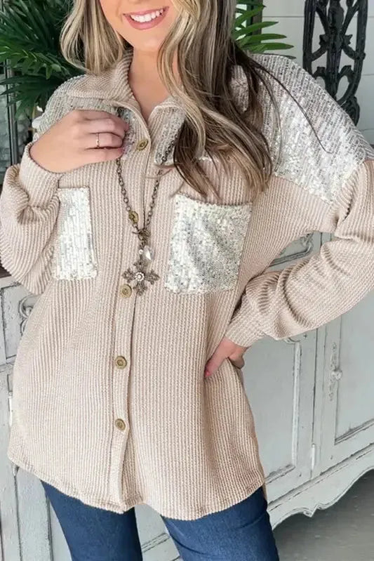 Parchment Sequin Patch Chest Pocket Corded Shacket - Fashionfitz