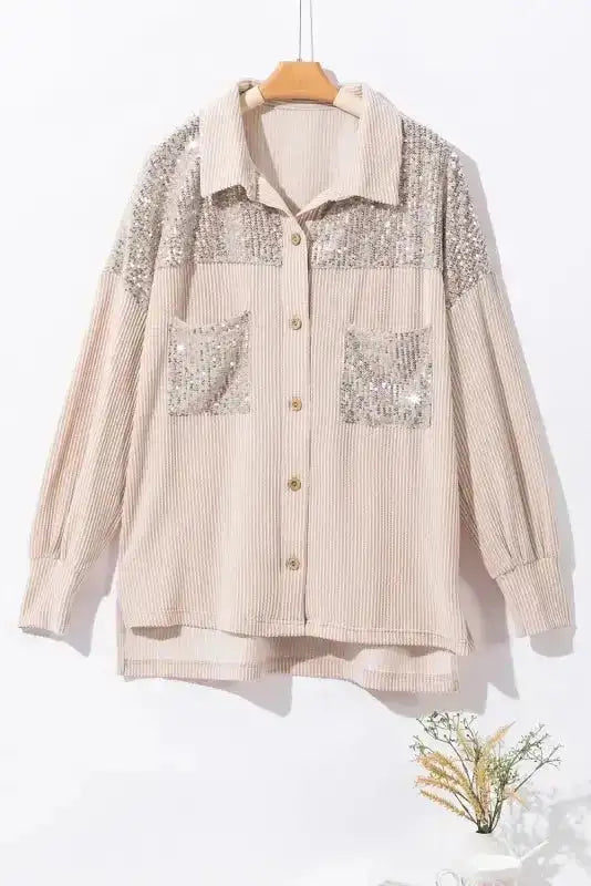 Close-up of Sequin Patch Corded Overshirt chest pocket and sequin patches on ribbed cord fabric — Fashionfitz